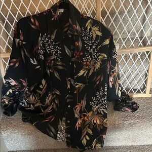 Elan Black Floral Button-Up Blouse